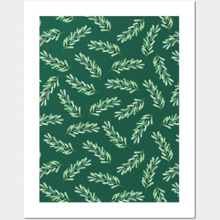 Olive branch pattern in turquoise green background Posters and Art